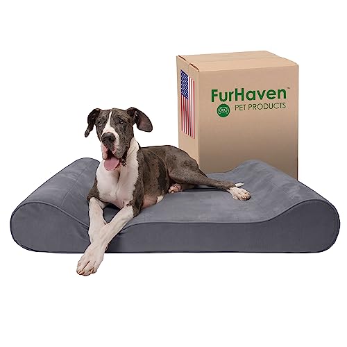 Furhaven Orthopädisches Hundebett für extra große Hunde mit abnehmbarem, waschbarem Bezug, für Hunde bis zu 81,6 kg – Microsamt, Luxe-Liege, Kontur-Matratze – Grau, Riese/XXXL