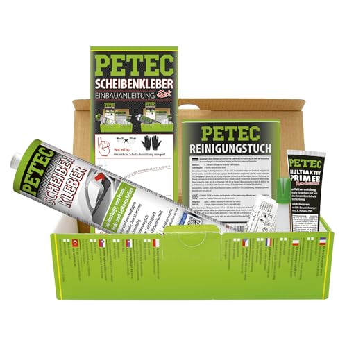 PETEC Auto Scheibenkleber Set Windschutzscheibe Reparaturset. 310 ml Scheiben Kleber Kartusche, Primer, Reinigungstuch, Einweg Handschuhe, Düse 83333