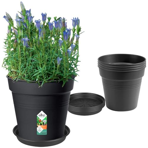 elho Green Basics Grow Pots Set - Pflanzentopf Mit Untersetzer - 100% Recycelter Kunststoff - 5er Set - Ø 17 x H 15,8 cm - Schwarz/Living Schwarz
