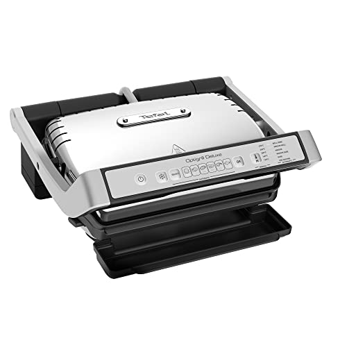 Tefal OptiGrill Deluxe Kontaktgrill, 6 Programme, Garstufenanzeige, 5 Temperaturstufen, Abnehmbare Platten, Elektrogrill, Edelstahl, GC707D16