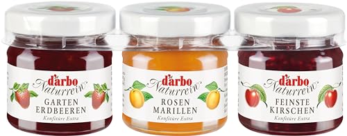 Darbo Naturrein Konfitüren Triple Pack Minigläser| 3 x 40g | Rosenmarille, Gartenerdbeere, Himbeere | Hochwertige Fruchtgenüsse