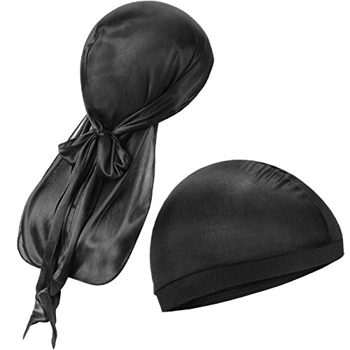 2 Stücke Seidig Durag Kappen Elastische Kappe Lang Schwanz Kopfwickel, Schwarz