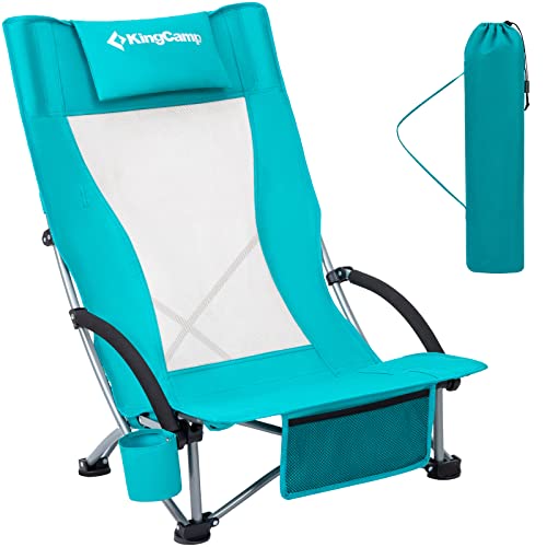 KingCamp Netzrücken, niedriger Sitz, faltbar, tragbar, leicht, Strandstuhl für Erwachsene, strapazierfähig, mit Kopfstütze, Getränkehalter für Outdoor, HighBack_Cyan