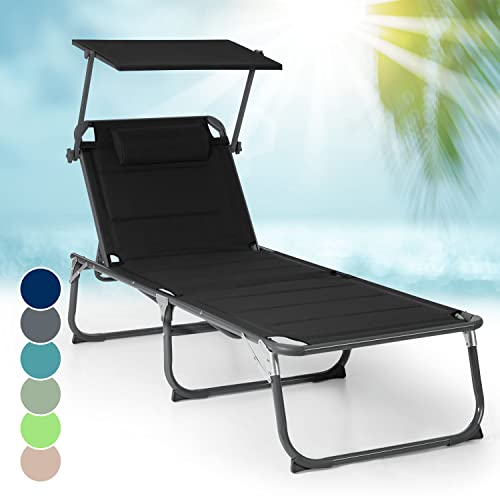 blumfeldt Liegestuhl, Polyester Sonnenliege, Relaxliege für den Garten & Balkon, Gartenliege Wetterfest Rückenlehne Klappbar, Weiche Dreibein Liege, Schnell Trocknende Liege mit Sonnendach