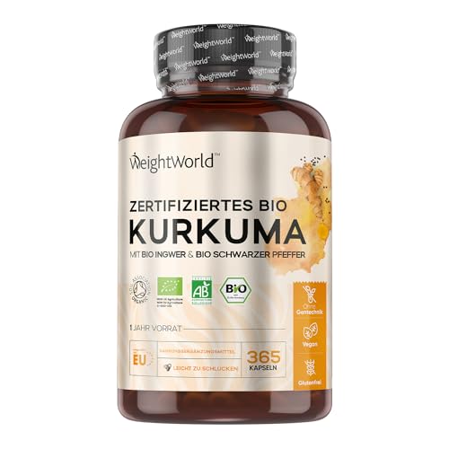 Bio Kurkuma Kapseln - 505mg Curcuma Pulver mit Ingwer & Piperin pro Tag - 365 Turmeric Capsules für 1 Jahr Vorrat - Curcumin, Ingwer & Schwarzer Pfeffer - Vegan & Bio Qualität - von WeightWorld
