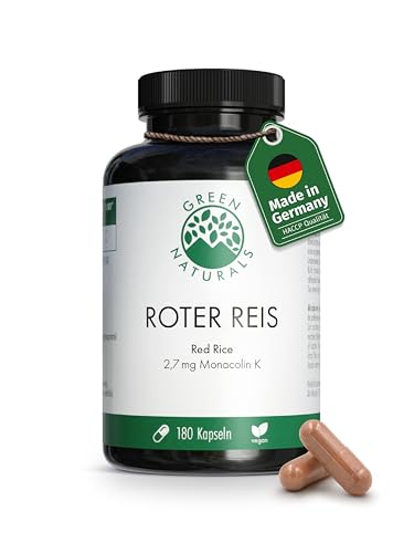 Roter Reis Kapseln - Hochdosiert: 2,7 mg Monakolin K pro Kapsel - Fermentierter Roter Reis - Vorrat für 6 Monate (180 vegane Kapseln) - Green Naturals®