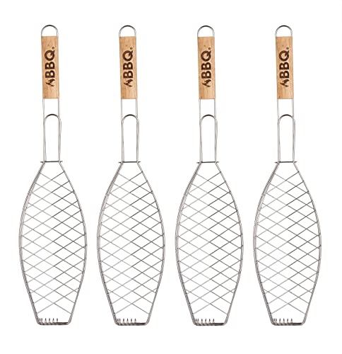 BigDean 4er Set Fischgrillgitter - Fisch Grillhalter mit Holzgriff - Fischzange zum Grillen - Fischbräter Fischgrillzange aus Metall - Fischgitter für Grill & BBQ