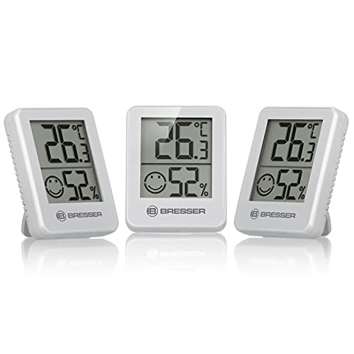 Bresser 3er Set Thermometer Hygrometer - Digitales Raumthermometer für Kontrolle Innenraum Luftfeuchtigkeit, Kühlschrankgeeignet, Wandmontage und Magnet, Schimmelvorbeugung - Indikator Smiley, Weiß