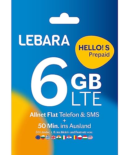 Lebara Prepaid SIM-Karte mit Hello! S Prepaid Tarif ohne Vertrag | Allnet Flat Telefonie & SMS, 6 GB Datenvolumen inkl. LTE und 50 Frei-Min. ins Ausland…