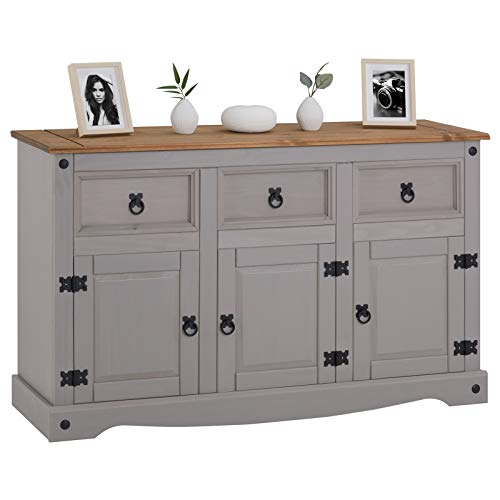 CARO-Möbel Sideboard Ramon Landhausstil Kommode Kiefer massiv grau lasiert mit 3 Schubladen und 3 Türen