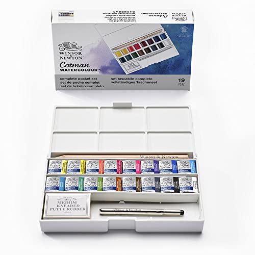 Winsor & Newton 0390060 Cotman Aquarellfarben De Luxe Sketchers Pocket Box, 16 lebendige Wasserfarben aus hochwertigen Pigmenten in 1/2 Näpfen mit Pinsel und Mischpalette, 1 Knetradierer, 1 Bleistift