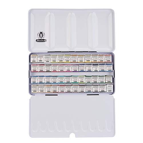 Schmincke – HORADAM AQUARELL Farbkasten mit 48feinsten Aquarellfarben, 74448097, schwarzer Metallkasten, Malset, Premium Aquarellfarben, 48 x 1/2 Näpfchen