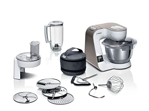 Bosch Küchenmaschine Serie 4 MUM5XW20, Edelstahl-Schüssel 3,9 L, integrierte Waage, Mixer 1,25 L, Profi-Knethaken, Schnee-, Silikonbesen, Durchlaufschnitzler, 4 Scheiben, 1000 W, Weiß/Silber