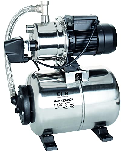 T.I.P. Hauswasserwerk HWW 4500 INOX (bis 4.350 l/h Fördermenge, Förderhöhe max. 50 m/Druck max. 5,0 bar, 1.200 W, Installationsfertige Druckschaltung, 22 l Edelstahl-Druckkessel) Silber