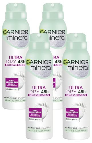 Garnier Deo-Spray, Anti-Transpirant, intensiver Schutz vor Körpergeruch & Achselnässe, bis zu 48 h Wirkung, Mineral UltraDry (Packung mit 4)