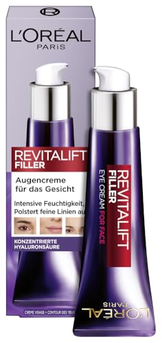 L'Oréal Paris Augencreme für Frauen: poltert auf, glättet die Haut und spendet intensiv Feuchtigkeitmit konzentrierter [Hyaluronsäure]Revitalift Filler, 1x 30ml