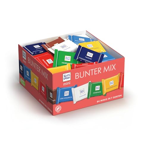 Ritter Sport mini Bunter Mix Schokobox (84 x 16,67 g), 7 leckere Sorten, Vollmilchschokolade, Halbbitter- & Edelvollmilch-Schokolade, Schokoladenbox
