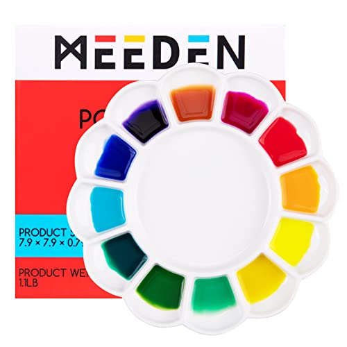 MEEDEN 13-Well 8 Inch Round Porcelain Watercolor Palette, Artist Ceramic Watercolor Mixing Palette, Ceramic Mixing Tray Paint Palette for Gouache, Acrylic & Oil Painting