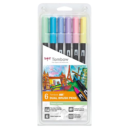 Tombow ABT-6P-2 Fasermaler Dual Brush Pen mit zwei Spitzen 6er Set, pastellfarben, bunt