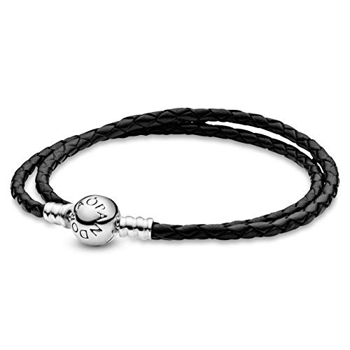 PANDORA Moments doppeltes Schwarzes Lederarmband mit geprägtem Kugelverschluss aus Sterling-Silber, vielseitig kombinierbar, Größe: 35cm