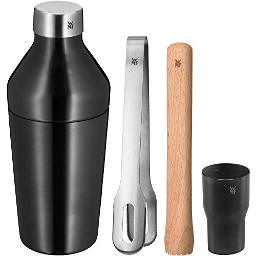 WMF Baric Cocktail Set 4-teilig, Barset mit Edelstahl Cocktail Shaker, Barmaß, Eiszange, Holz Stößel, ineinander verstaubar, Geschenkkarton
