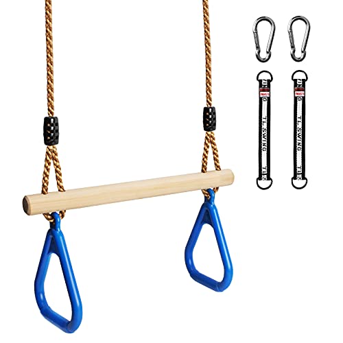 Katomi Multifunktions Kinderholz Trapeze Schaukel mit Kunststoff Turnringe zum Aufhängen belastbar bis 120KG Blau(Kinderholz Trapeze Schaukel)