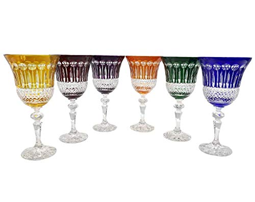 6 Rotwein und Wasser Kristallgläser - 6 Verschiedene Farben - Service Roemer Diamant (22cl) - Firma : Artisan du Cristal - Geschenkbox - Stempel : Klein 54120 Baccarat France
