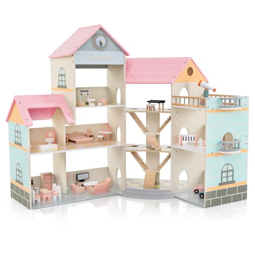 DREAMADE Puppenhaus aus Holz, 3 Etagen & Großes Dollhouse mit 7 Räumen & 36/42 Möbelzubehörteilen, Puppenhaus für Kinder ab 3 Jahre (Rosa,107x94,5cm)