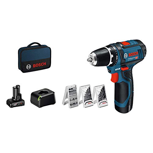 Bosch Professional 12V System Akku Bohrschrauber GSR 12V-15 (39 tlg. Zubehörset, 1x 2.0Ah Akku, 1x 4.0Ah Akku, Ladegerät, in Tasche), schwarz, blau, Size