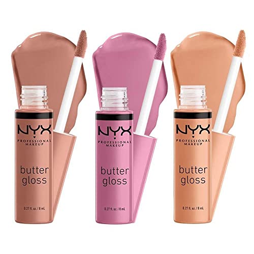 NYX Professional Makeup Lipgloss mit glänzendem Finish und nicht-klebriger Formel, Butter Gloss, Praline & Éclair & Fortune Cookie, Dreierpack