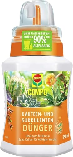 COMPO Kakteen- und Sukkulentendünger, Dünger für alle Kakteen, Bonsais und dickblättrigen Pflanzen (Sukkulenten), Spezial-Flüssigdünger mit extra Kalium, 250 ml, Kakteendünger