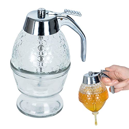 ORION Glas Spender Dispenser für Honig Sirup Honig-Dosierer mit Untersatz Speicher Ständer