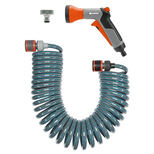 Gardena Original Spiralschlauch-Set 10 m: Spiralförmiger Gartenschlauch zum Gießen und Bewässern kleinerer Flächen, Rückstellkraft, Durchmesser 9 mm, mit Gardena Systemteilen und Brause (4647-20), 10m