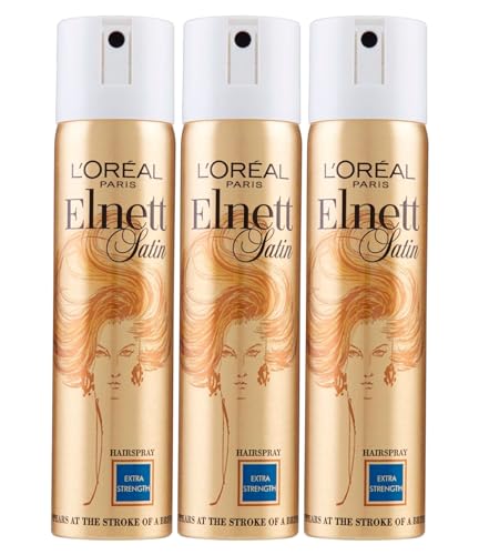 L'Oréal Paris Elnett Satin Haarspray, starke Befestigung, Mikrodiffusion, schützende Formel und Aufhellung, Anti-Feuchtigkeit, natürlicher Effekt, langanhaltender Halt, 3 Flaschen à 75 ml