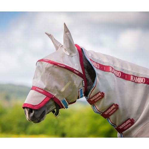 Horseware Rambo Fly Mask Plus Oatmeal/Cherry, Peach & Blue Fliegenmaske, Größe:Full