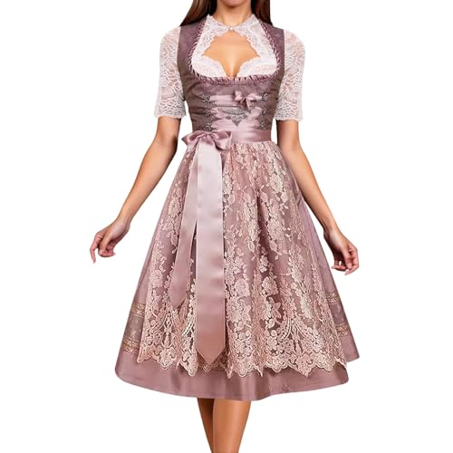 Damen Dirndl Modern Trachtenkleid Lang Dirndlkleid Inkl. Spitzenschürze 2 Teilig Elegant Tracht Kleid Classic Trachtenkleider Trachtenmode Bayerisches Trachten Outfit für Oktoberfest