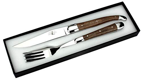 Forge de Laguiole - Set ein Steakmesser und eine Gabel - Griff Nussbaumholz - Besteck Frankreich - Stahl hochglanz