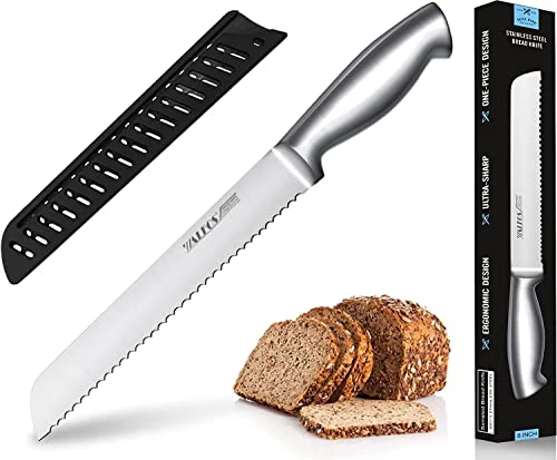 Walfos Brotmesser, Edelstahl-Brotmesser mit Wellenschliff, Ultrascharf, Einteiliges Design, Ergonomischer Griff und 8-Zoll-Klinge, ideal zum Schneiden von Brot, Bagels, Kuchen
