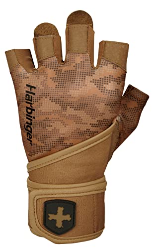 Harbinger Pro Wristwrap Handschuhe 2.0 für Gewichtheben, Training, Fitness und Fitnessstudio, mit Handgelenkstütze, Hellbraun / Camouflage, Größe M
