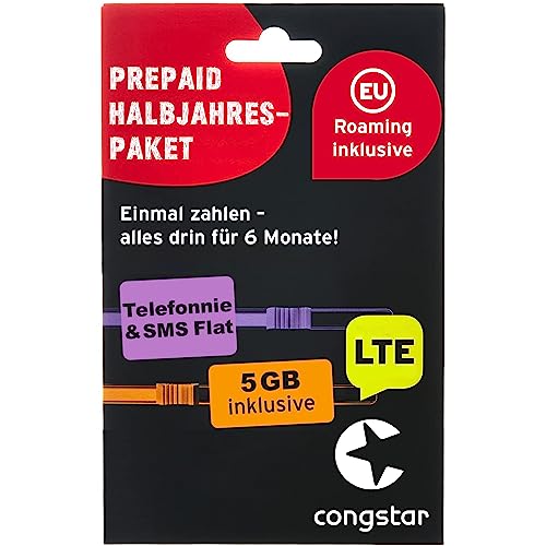 congstar Prepaid HALBJAHRESPAKET SIM-Karte ohne Vertrag I Prepaid-Paket für 6 Monate in D-Netz-Qualität I 5 GB LTE mit 25 Mbit/s + 50€ Startguthaben I Telefonie & SMS Flat in alle dt. Netze