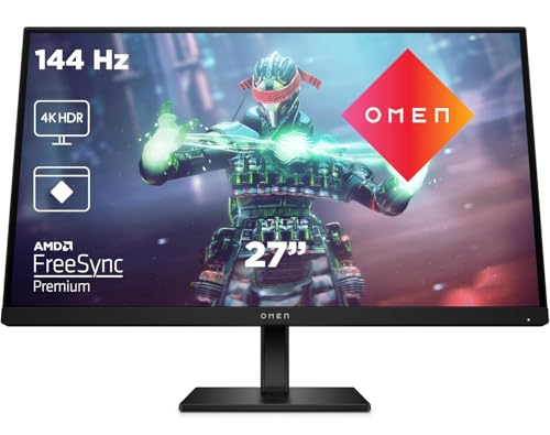 HP Omen 27k Gaming Monitor - 27 Zoll Bildschirm, 4K Display, 144Hz, AMD FreeSync Premium, HDMI 2.1, HDMI 2.0, Display Port 1.4, 2X USB-A, USB-B, USB-C, Audioausgang, RGB Licht, schwarz