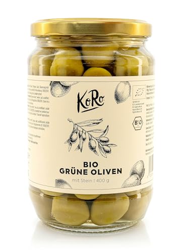 KoRo - Bio grüne Oliven mit Stein 400 g - Ohne Konservierungsstoffe - Intensiv würziger Geschmack - Großes Glas