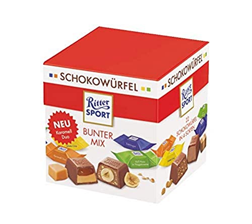 RITTER SPORT Schokowürfel Bunter Mix, 176 g, mini Schokoladen in Schoko Crisp, Karamell, Edelnugat und Voll-Nuss, leckeres Geschenk & Mitbringsel für Schoko-Freunde