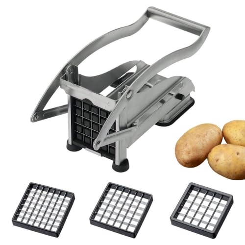 Westmark Pommes-frites Schneider und Gemüse-/Obststiftler mit drei Edelstahl-Schneideinsätzen und Stempel, Pomfri-Perfect, Silber, 11812260