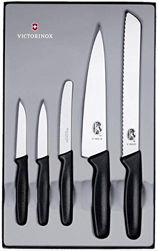 Victorinox 5-teiliges Küchenmesser-Set (Gemüsemesser, Tomaten- und Tafelmesser, Tranchiermesser, Brotmesser, Spülmaschinengeeignet) schwarz