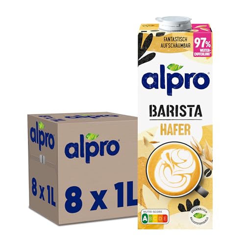 Alpro Barista Haferdrink – Zum Aufschäumen – Vegan und milchfrei – Von Natur aus laktosefrei – Reich an Ballaststoffen, Calcium und Vitaminen – 8 x 1 L – Haltbar