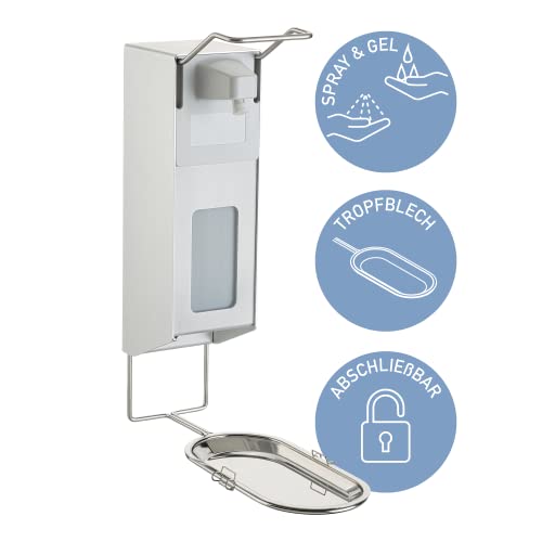 Desinfektionsspender mit Tropfschale, Desinfektionsspender abschließbar, Desinfektionsmittelspender mit Schale, mit Auffangschale, mit Tropfschale, abschließbar, Wandmontage, Eurospender 500 ml