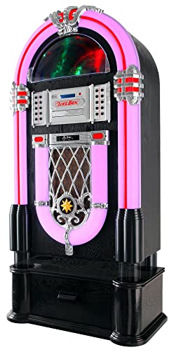 Beatfoxx GoldenAge XXL-Jukebox mit Plattenspieler, CD-Player, UKW-Radio, Bluetooth - Retro Musikbox mit LED-Beleuchtung, Holz-Gehäuse und Unterschrank - USB/SD-Slot, AUX-Eingang und MP3-Player