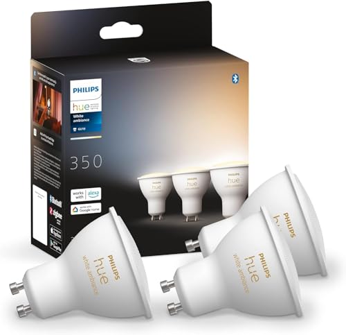 Philips Hue White Ambiance GU10 Dreierpack 3x350lm, dimmbar, alle Weißschattierungen, steuerbar via App, kompatibel mit Amazon Alexa (Echo, Echo Dot)