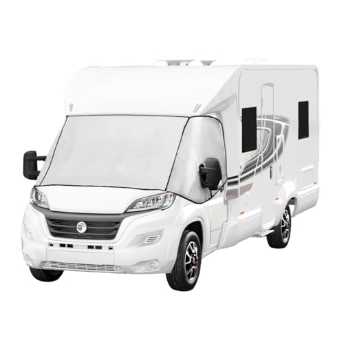 Wohnmobil Frontscheibenabdeckung | Vielseitige Kompatibilität | Silber Außen Thermomatte Sonnenschutz | Allwetter & Wasserdicht Aluminiumfolie [INKL. Tragetasche & 2 Aufbewahrungstaschen]